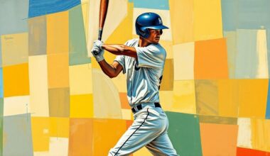A fragmented, geometric painting depicting a baseball player
