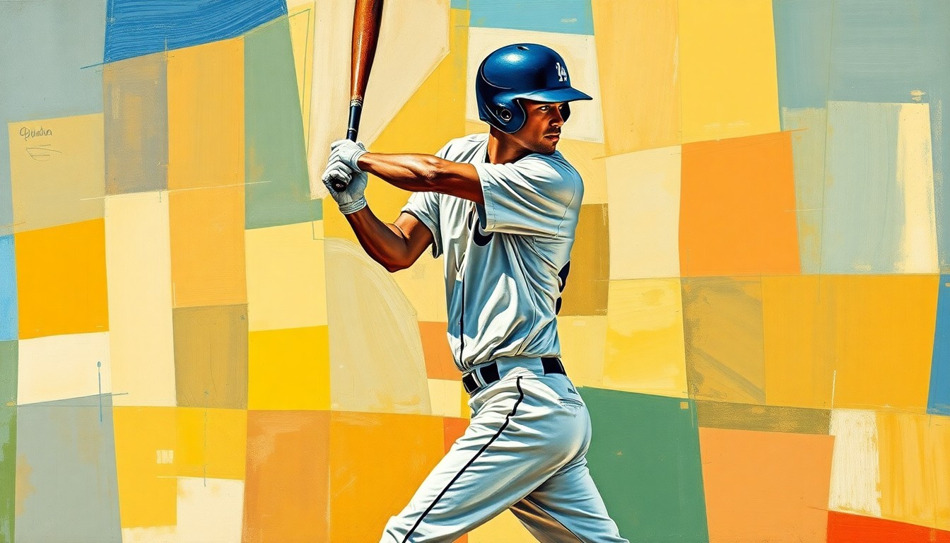 A fragmented, geometric painting depicting a baseball player