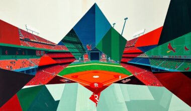 A fractured, multi-perspective painting featuring sharp, overlapping geometric planes in vibrant colors like crimson, navy, and emerald green, conceptually representing a baseball game between the Boston Red Sox and St. Louis Cardinals.