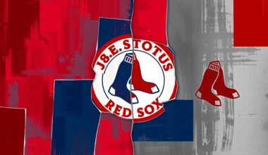 A dynamic, fragmented painting featuring overlapping geometric shapes and waves of red, blue, and gray, conceptually representing the complex tensions and divisions within Boston