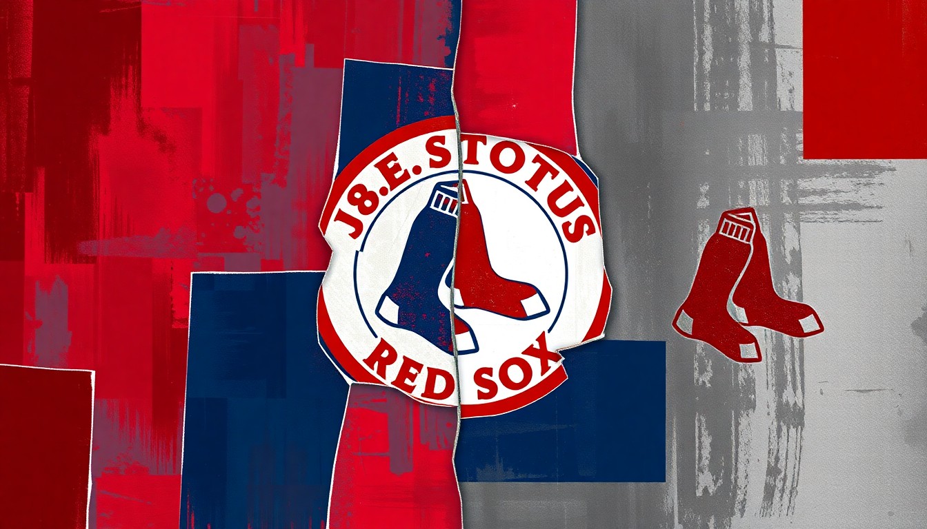 A dynamic, fragmented painting featuring overlapping geometric shapes and waves of red, blue, and gray, conceptually representing the complex tensions and divisions within Boston