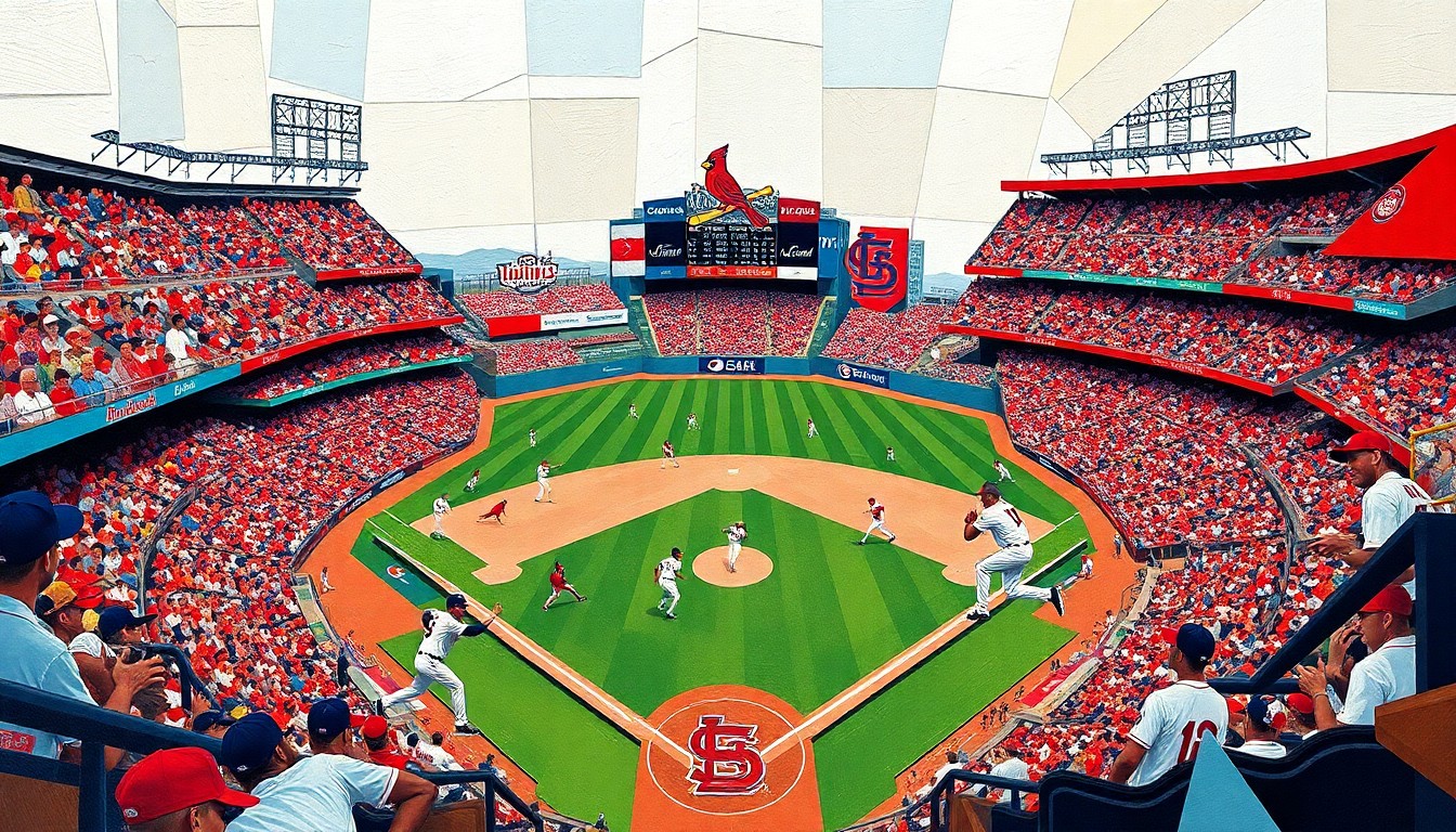 A fractured, multi-perspective painting breaking down a baseball game between the Washington Nationals and St. Louis Cardinals into sharp, overlapping geometric planes, capturing the energy and movement of the players through a cubist visual style.