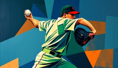 A cubist, geometric painting depicting a baseball pitcher
