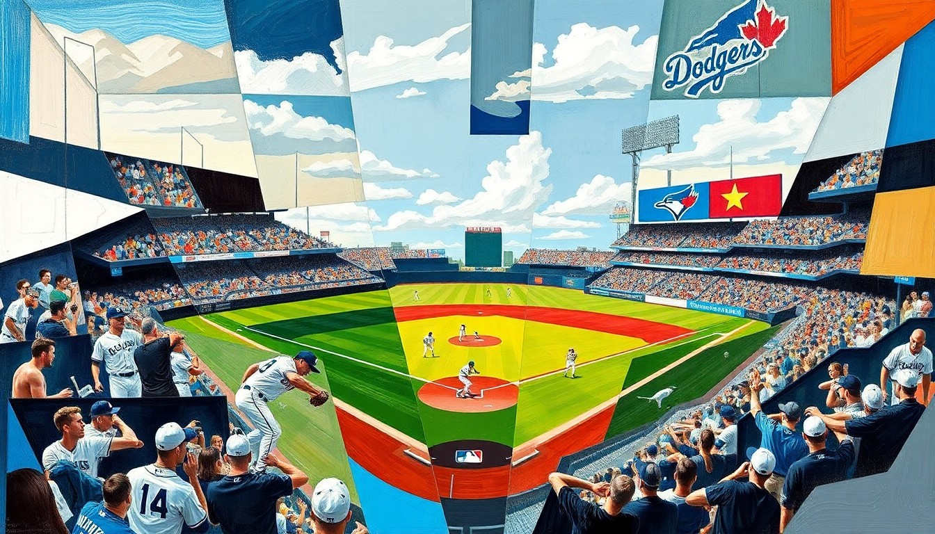 A fractured, multi-perspective painting in a cubist style, breaking down a baseball game into sharp, overlapping geometric planes and forms, creating an abstract and dynamic visual representation of the sporting event.