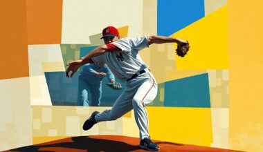 A fragmented, geometric painting depicting a baseball pitcher
