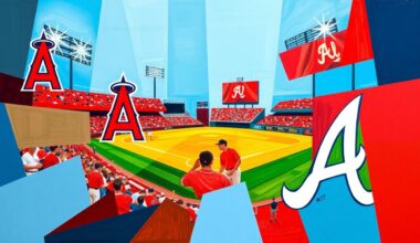 A fractured, multi-perspective painting featuring sharp, overlapping geometric planes in vibrant shades of red, navy blue, and other colors, conceptually representing the contrasting offensive approaches of the Los Angeles Angels and Atlanta Braves baseball teams.