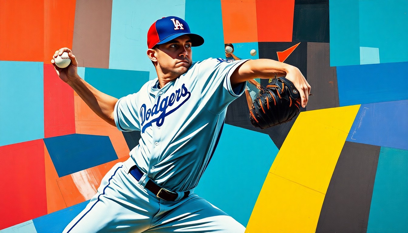 A fragmented, geometric painting depicting the motion of a baseball pitcher