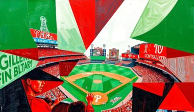 A cubist, geometric painting depicting a fragmented baseball game, with sharp planes of green, red, and white representing the field, players, and crowd, conceptually illustrating the Phillies
