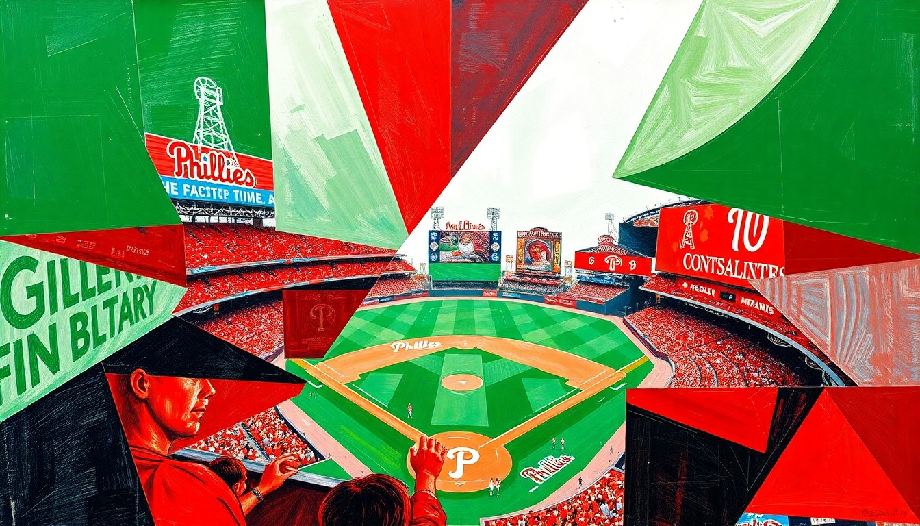 A cubist, geometric painting depicting a fragmented baseball game, with sharp planes of green, red, and white representing the field, players, and crowd, conceptually illustrating the Phillies