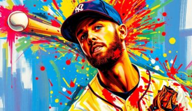 An abstract, expressionist painting in neon colors depicting the explosive motion and energy of a baseball pitcher, with the player
