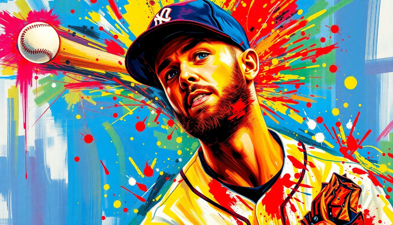 An abstract, expressionist painting in neon colors depicting the explosive motion and energy of a baseball pitcher, with the player