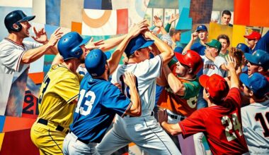 A fragmented, geometric painting depicting a baseball brawl, with the players