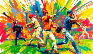 A dynamic, abstract painting in neon colors depicting the frenetic action of a baseball game, with players