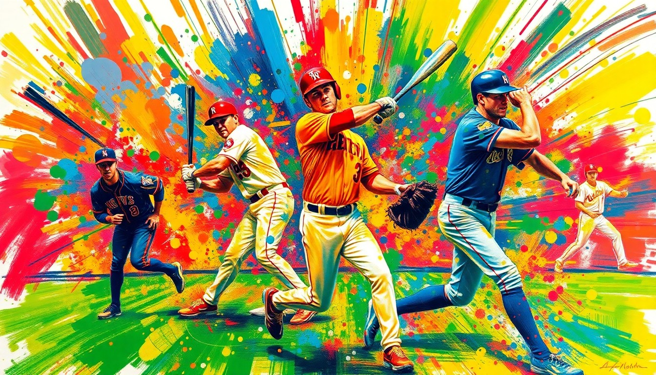 A dynamic, abstract painting in neon colors depicting the frenetic action of a baseball game, with players