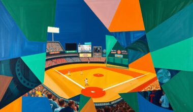 A cubist-style painting featuring sharp, overlapping geometric shapes in navy blue, orange, and emerald green, conceptually representing the fragmented nature of the Detroit Tigers