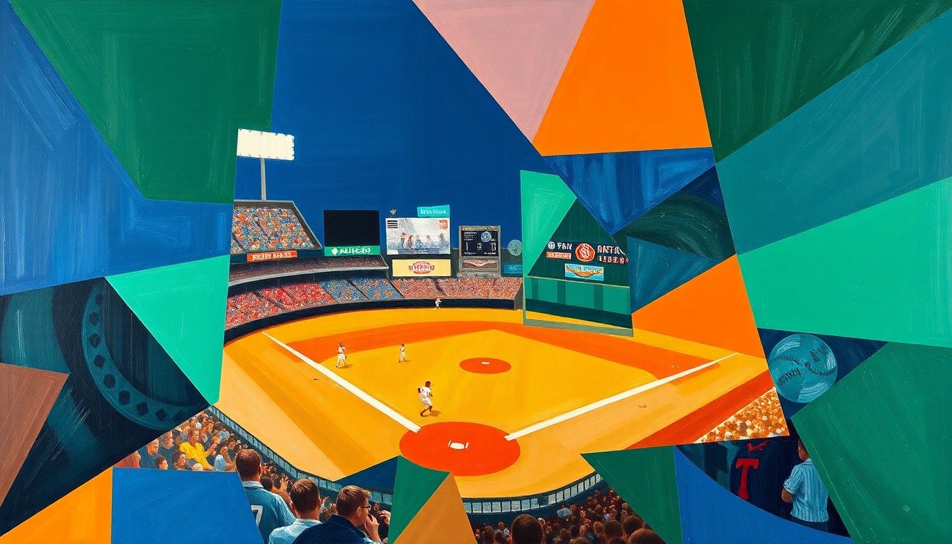 A cubist-style painting featuring sharp, overlapping geometric shapes in navy blue, orange, and emerald green, conceptually representing the fragmented nature of the Detroit Tigers