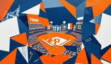 A cubist-style painting featuring overlapping geometric shapes and planes in shades of orange, navy blue, and white, conceptually representing the fragmented and challenging start to the Detroit Tigers