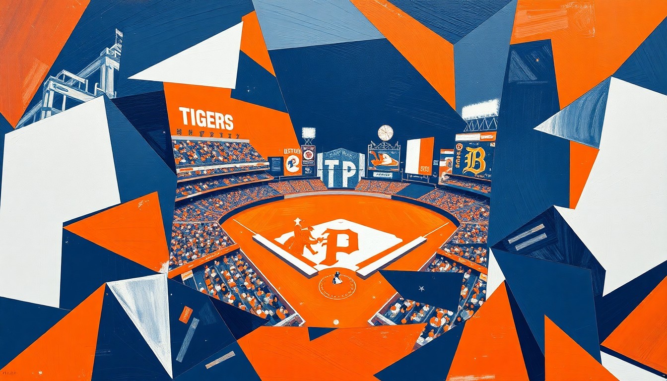 A cubist-style painting featuring overlapping geometric shapes and planes in shades of orange, navy blue, and white, conceptually representing the fragmented and challenging start to the Detroit Tigers
