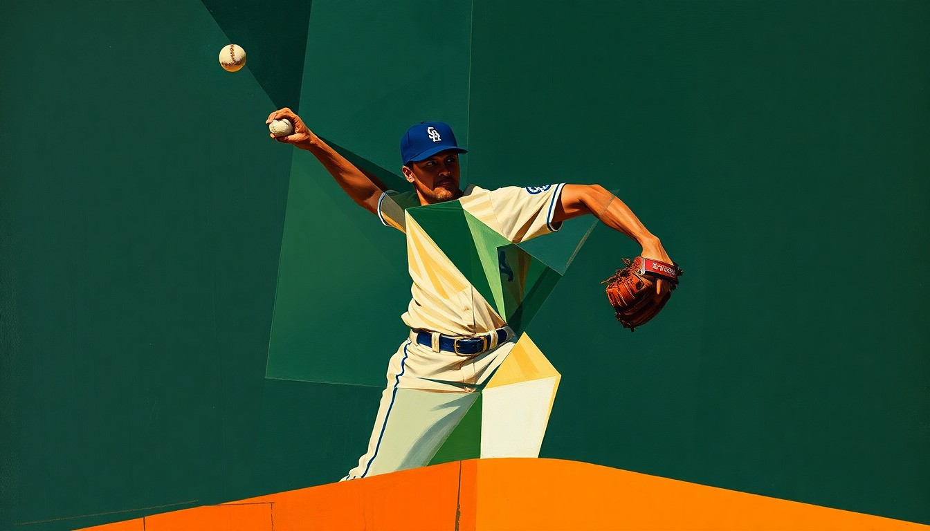 A cubist, geometric painting depicting a baseball pitcher