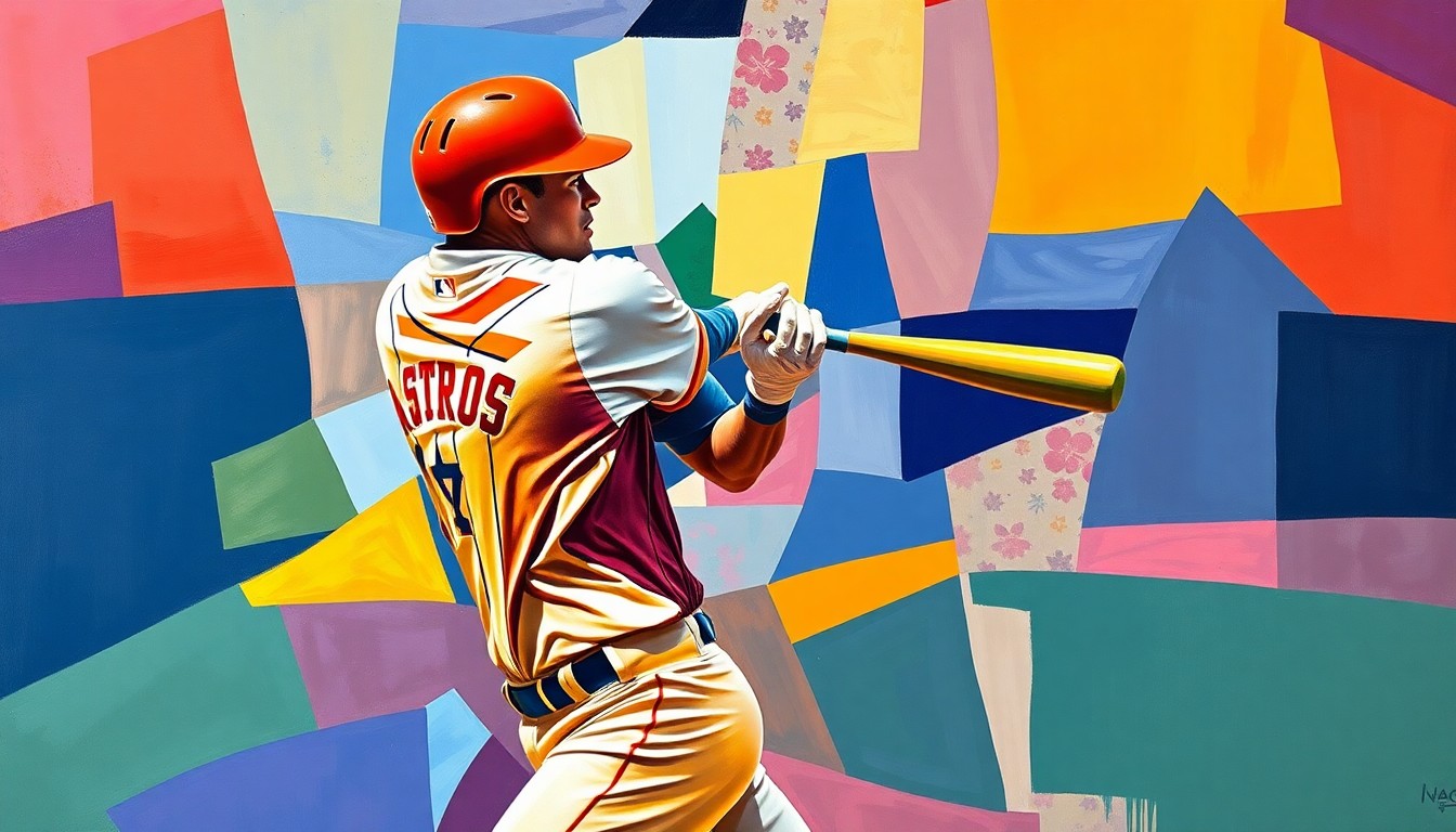 A cubist-style painting depicting a baseball player swinging a bat, broken down into fragmented, overlapping geometric shapes and planes in the team