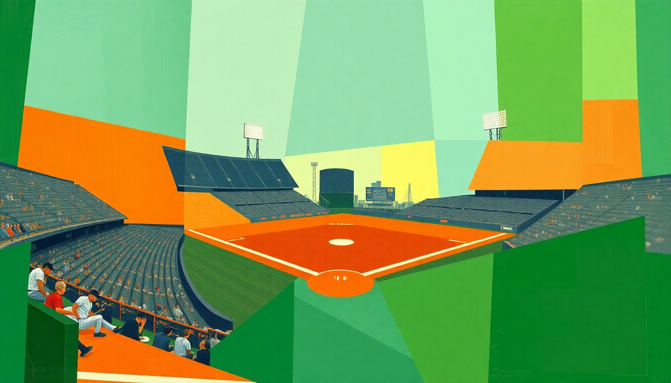 A fragmented, geometric painting depicting the dynamic motion and energy of a baseball game, with sharp planes of color representing the players, field, and crowd.