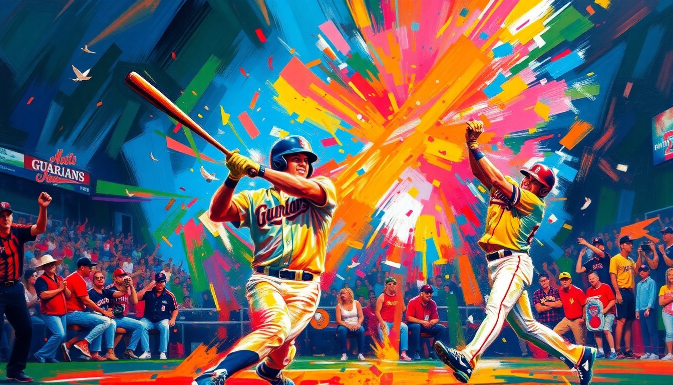 A dynamic, colorful painting depicting the intense energy and movement of a grand slam baseball swing, with the ball exploding off the bat in a burst of neon paint strokes.