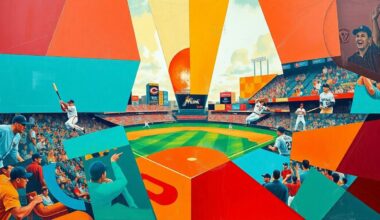A fractured, multi-perspective painting in bold, clashing colors that breaks down a baseball game into sharp, overlapping geometric shapes, conceptually representing the competitive clash between the Miami Marlins and Cincinnati Reds.