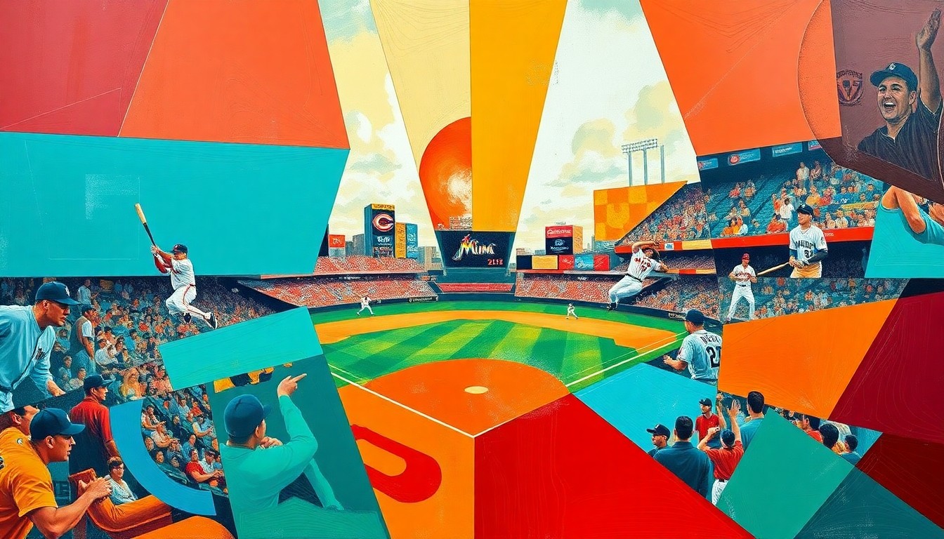 A fractured, multi-perspective painting in bold, clashing colors that breaks down a baseball game into sharp, overlapping geometric shapes, conceptually representing the competitive clash between the Miami Marlins and Cincinnati Reds.