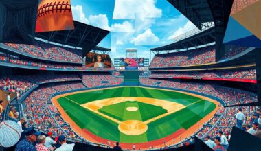 A cubist-style painting featuring overlapping geometric shapes and planes in shades of blue, green, and orange, conceptually representing the chaotic action of a baseball game.