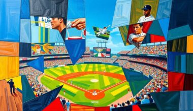A fragmented, geometric painting in bold colors depicting a baseball game or match, with players and field elements broken down into sharp, overlapping shapes.