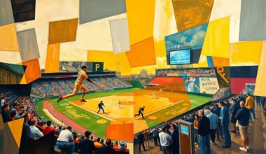 A cubist, geometric painting depicting a baseball game or match involving the Pittsburgh Pirates, with the players and field broken down into sharp, overlapping planes of color and shape.
