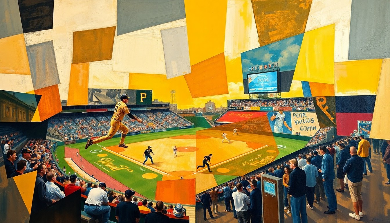 A cubist, geometric painting depicting a baseball game or match involving the Pittsburgh Pirates, with the players and field broken down into sharp, overlapping planes of color and shape.