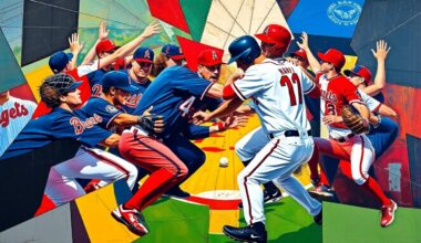 A fractured, geometric painting depicting the chaotic movements and confrontation of a baseball brawl, with the players