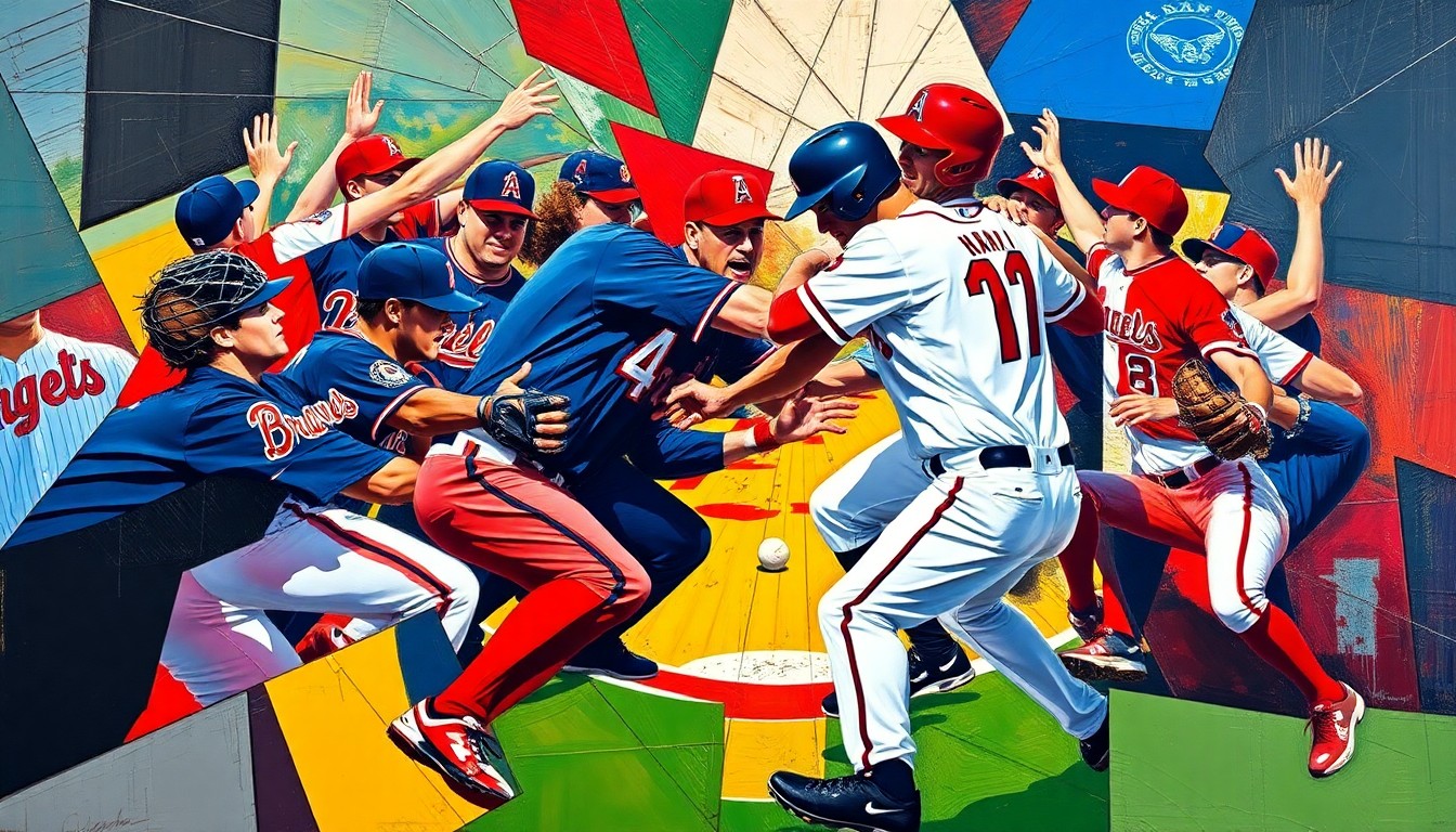 A fractured, geometric painting depicting the chaotic movements and confrontation of a baseball brawl, with the players