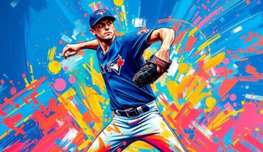 An abstract, expressionist painting in vibrant neon colors depicting the powerful pitching motion and energy of a baseball player, representing Toronto Blue Jays pitcher Dylan Cease