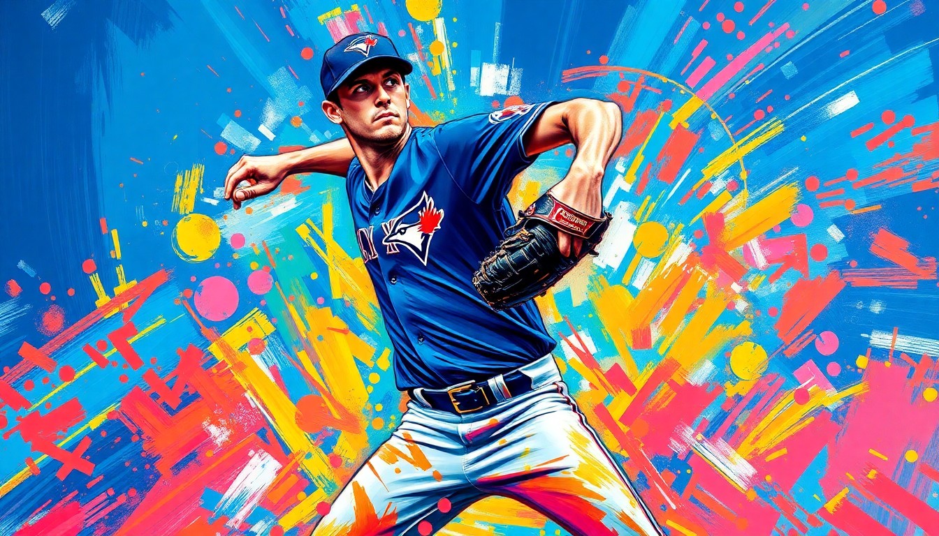 An abstract, expressionist painting in vibrant neon colors depicting the powerful pitching motion and energy of a baseball player, representing Toronto Blue Jays pitcher Dylan Cease