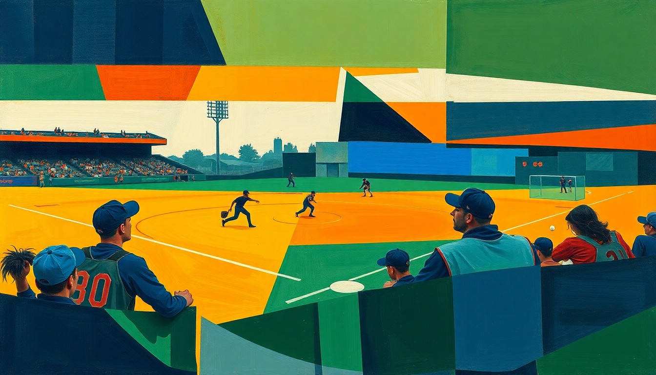 A cubist, geometric painting depicting fragmented, overlapping shapes and planes in navy, green, and orange, representing the multifaceted legacy of a beloved baseball coach.
