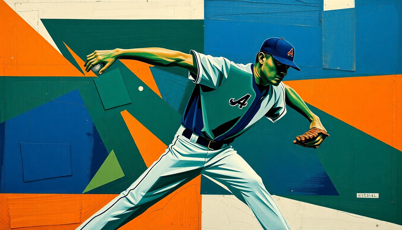 A cubist-style painting depicting a baseball pitcher