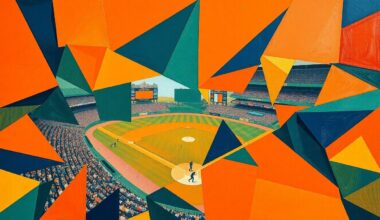 A vibrant, cubist-style painting depicting a baseball game broken down into overlapping geometric shapes and planes of color, capturing the dynamic energy of the sport.