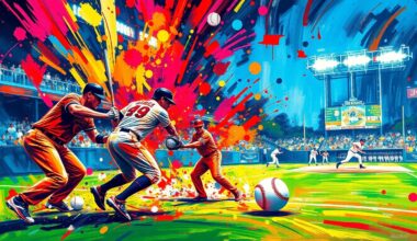 An abstract, energetic painting featuring bold strokes of neon colors representing the action and excitement of a high-scoring baseball game between the Minnesota Twins and Detroit Tigers.
