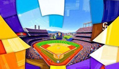 A cubist, geometric painting depicting a baseball game between the Colorado Rockies and San Diego Padres, with the players and field broken down into overlapping, angular shapes in a vibrant color palette.