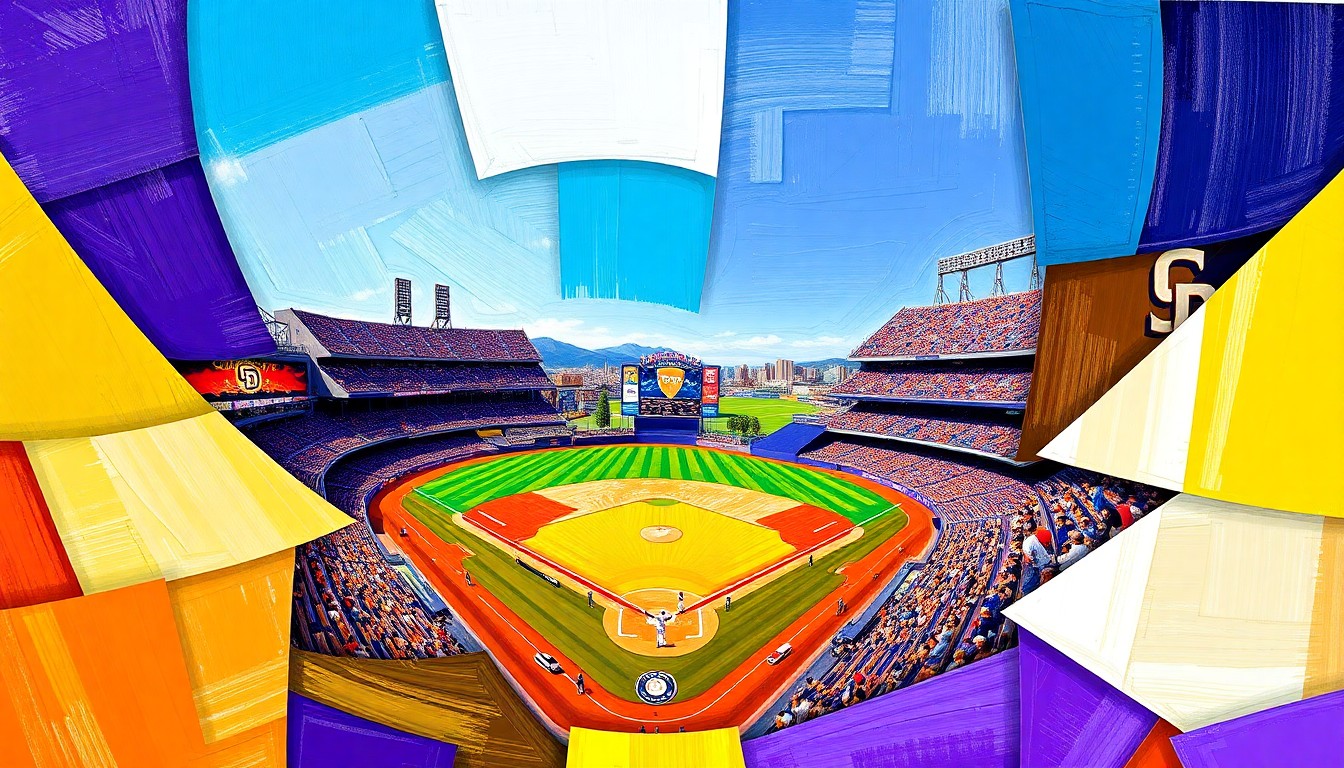 A cubist, geometric painting depicting a baseball game between the Colorado Rockies and San Diego Padres, with the players and field broken down into overlapping, angular shapes in a vibrant color palette.