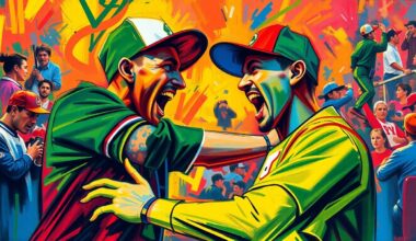 An abstract, expressionist painting in neon colors depicting the violent physical altercation between a baseball fan and their partner, capturing the raw emotion and intensity of the moment.