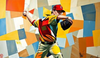 A fragmented, cubist-style painting depicting the throwing motion of a baseball pitcher, with the figure broken down into sharp, overlapping geometric shapes in shades of blue, red, and yellow, conveying the disruption caused by the player