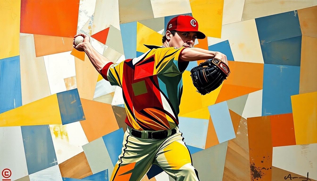 A fragmented, cubist-style painting depicting the throwing motion of a baseball pitcher, with the figure broken down into sharp, overlapping geometric shapes in shades of blue, red, and yellow, conveying the disruption caused by the player