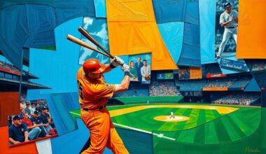 A fractured, cubist-style painting depicting a baseball player in motion, with their body broken down into sharp, overlapping geometric shapes and planes in a vibrant color palette.