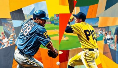 A fractured, multi-perspective painting featuring overlapping geometric shapes and planes in the colors of the Padres and Pirates uniforms, representing the key plays and movements of the baseball game.