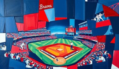 A fragmented, geometric painting in navy blue, red, and white hues depicting the dynamic motion and energy of a baseball game or match.