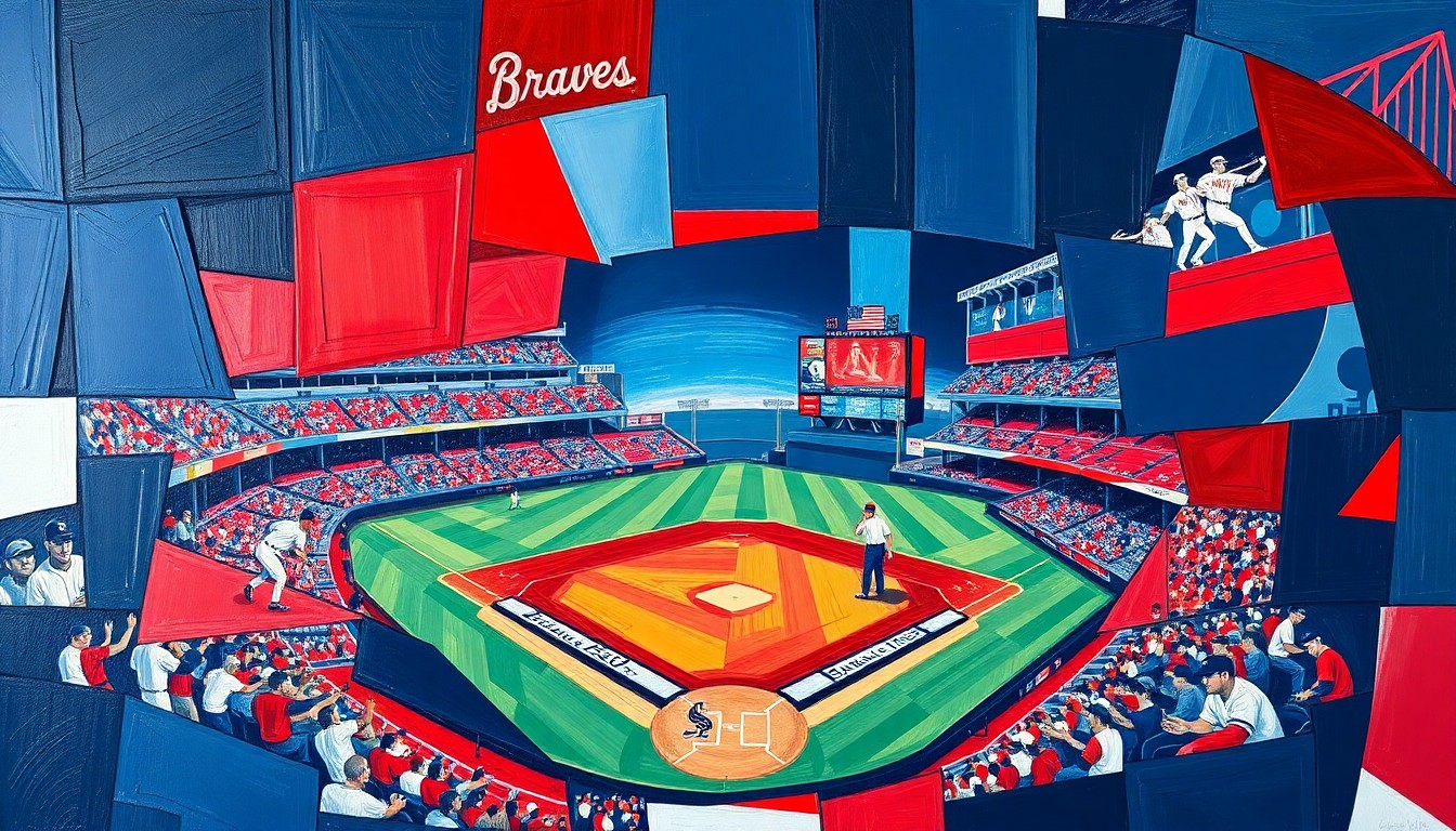 A fragmented, geometric painting in navy blue, red, and white hues depicting the dynamic motion and energy of a baseball game or match.