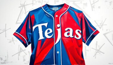 A cubist, geometric painting depicting the new Texas Rangers baseball jersey in a fractured, multi-perspective style, with bold red, blue, and white shapes overlapping to create an abstract, artistic representation of the uniform